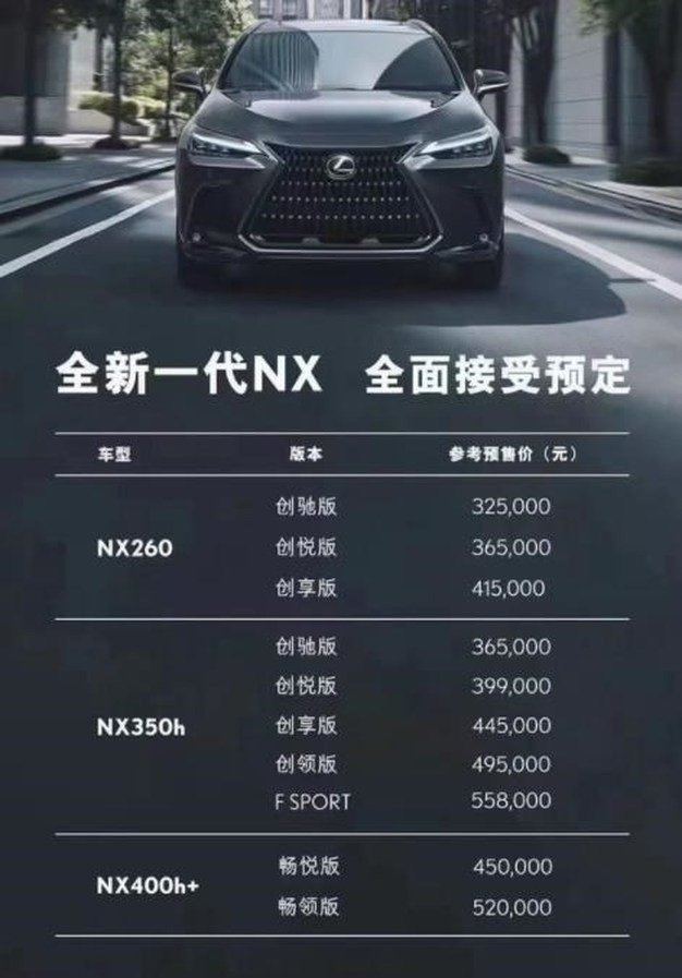 全新一代雷克萨斯nx预售价发布325万元起售