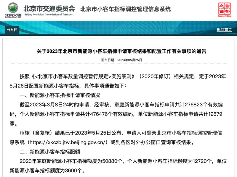 2023年5月25日公佈,申請人可登錄北京市小客車指標調控管理信息系統或