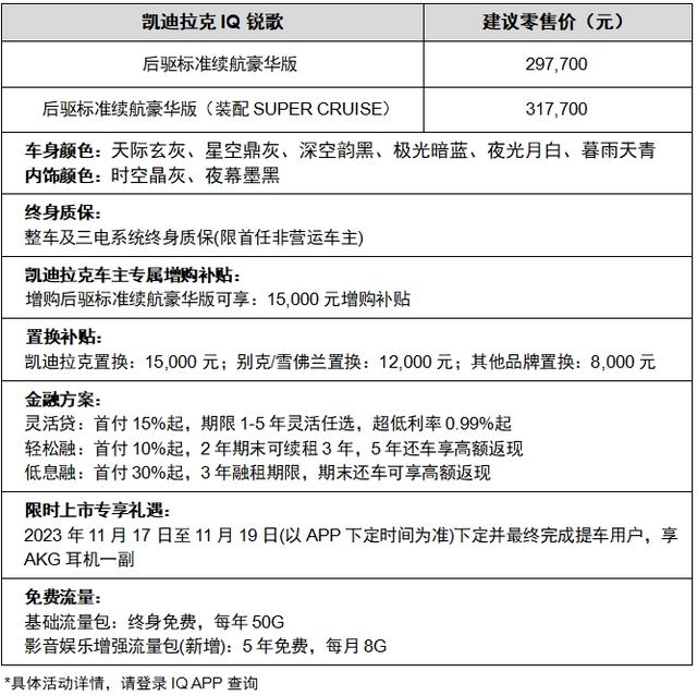 30万级豪华纯电SUV新标杆 凯迪拉克IQ锐歌后驱标准续航豪华版上市