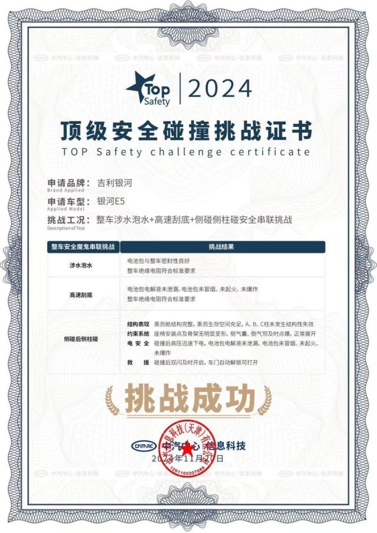 行业首次！吉利银河E5成功挑战超国标“整车安全魔鬼串联试炼”
