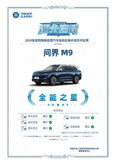 问界通过中国汽研“极北寒测”低温试炼，获全场唯一“卓越品牌”认证