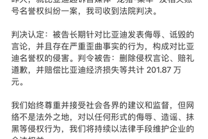 法院裁定：“龙猪-集车”自媒体因诋毁比亚迪被判赔201.87万元