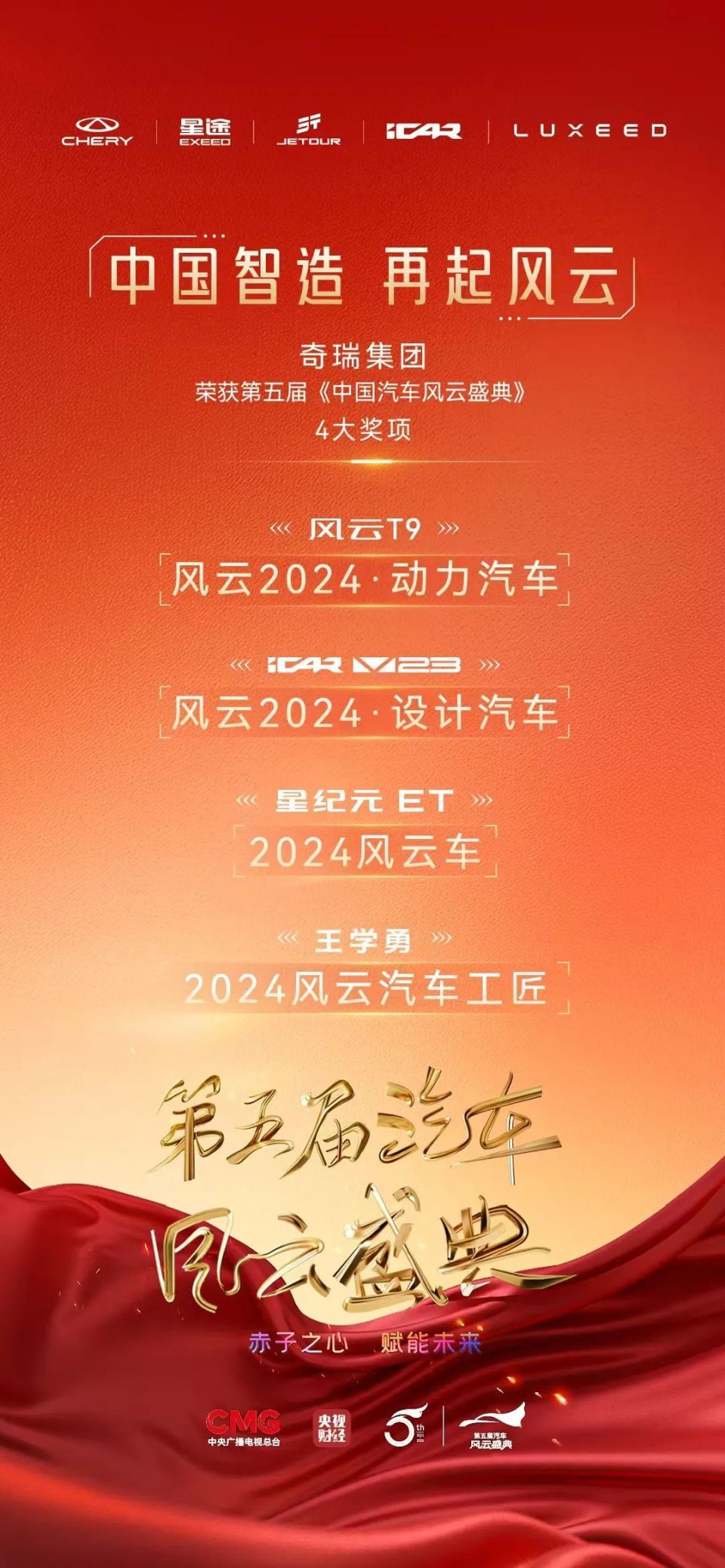 奇瑞集团斩获四项大奖 第五届中国汽车风云盛典见证品牌全面升维