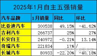 自主五强1月销量：比亚迪国内销冠让位吉利 长城失速掉队