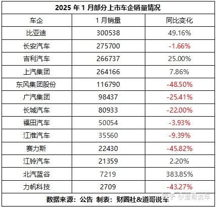 2025年1月上市车企销量：比亚迪难拿无争议销冠，广汽、长城怎么回事？