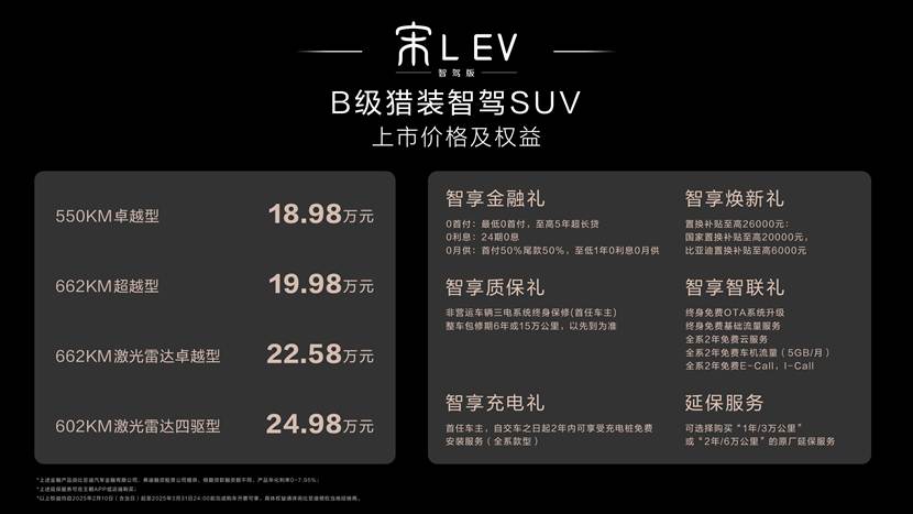 激光雷达不加价！宋L EV智驾版上市售价18.98万元起