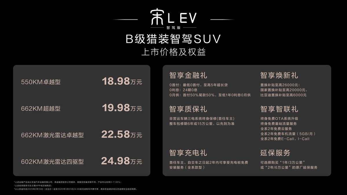 全系标配高阶智驾 激光雷达不加价 宋L EV智驾版18.98万元起