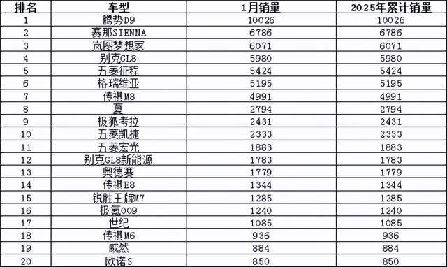 2025年1月汽车销量排行榜 小米SU7首次上榜