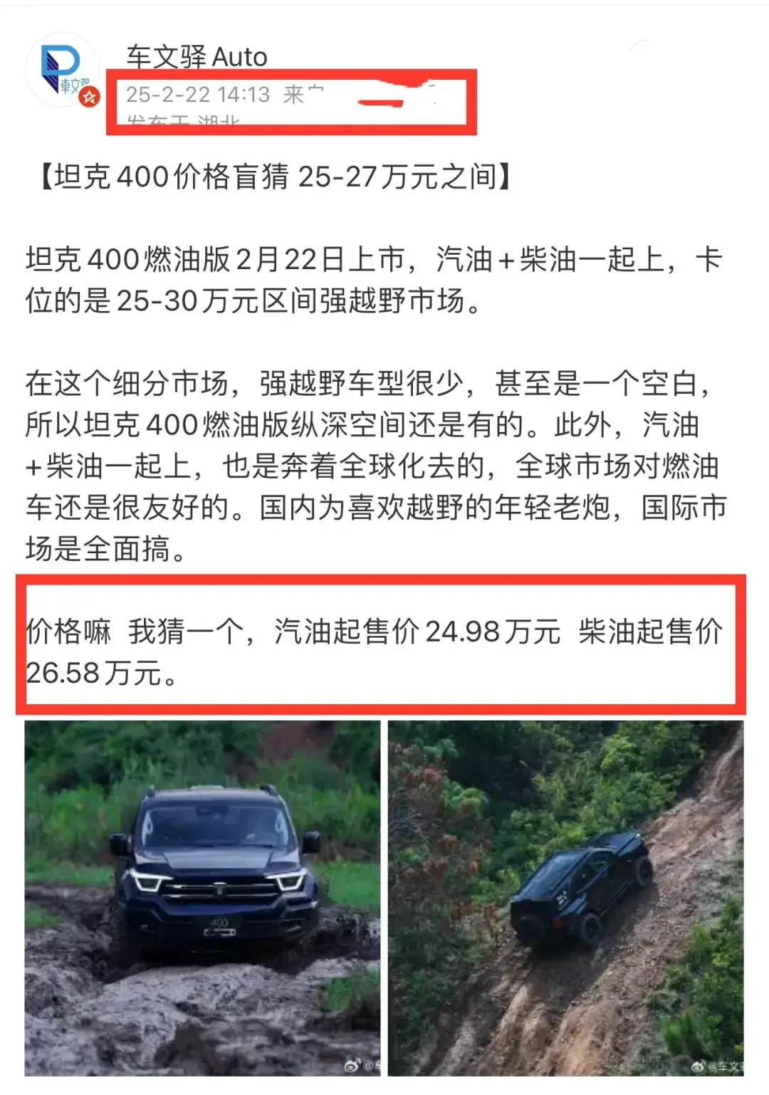 坦克400燃油版上市 24.98万元起 丰田霸道平替