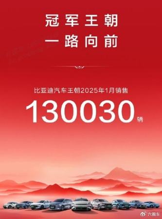 中国销冠 比亚迪25年1 月销售30 万台