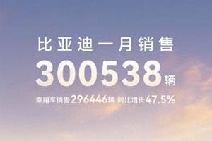 中国销冠 比亚迪25年1 月销售30 万台