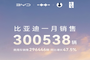 中国销冠 比亚迪25年1 月销售30 万台