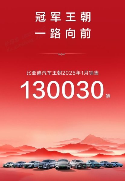 中国销冠 比亚迪2025年1月销售30万台