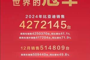 三冠王！比亚迪24年累销427万辆，新能源汽车“扛把子”