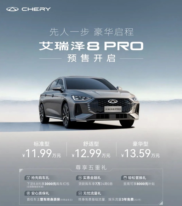 艾瑞泽8 PRO开启预售11.99万起 1.6TGDI鲲鹏动力加持