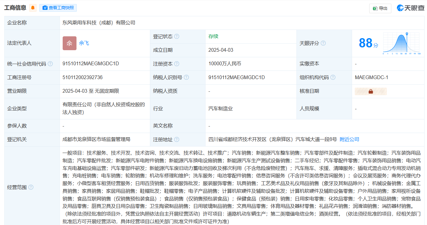 东风乘用车科技（成都）公司成立，或承接东风奕派新产品