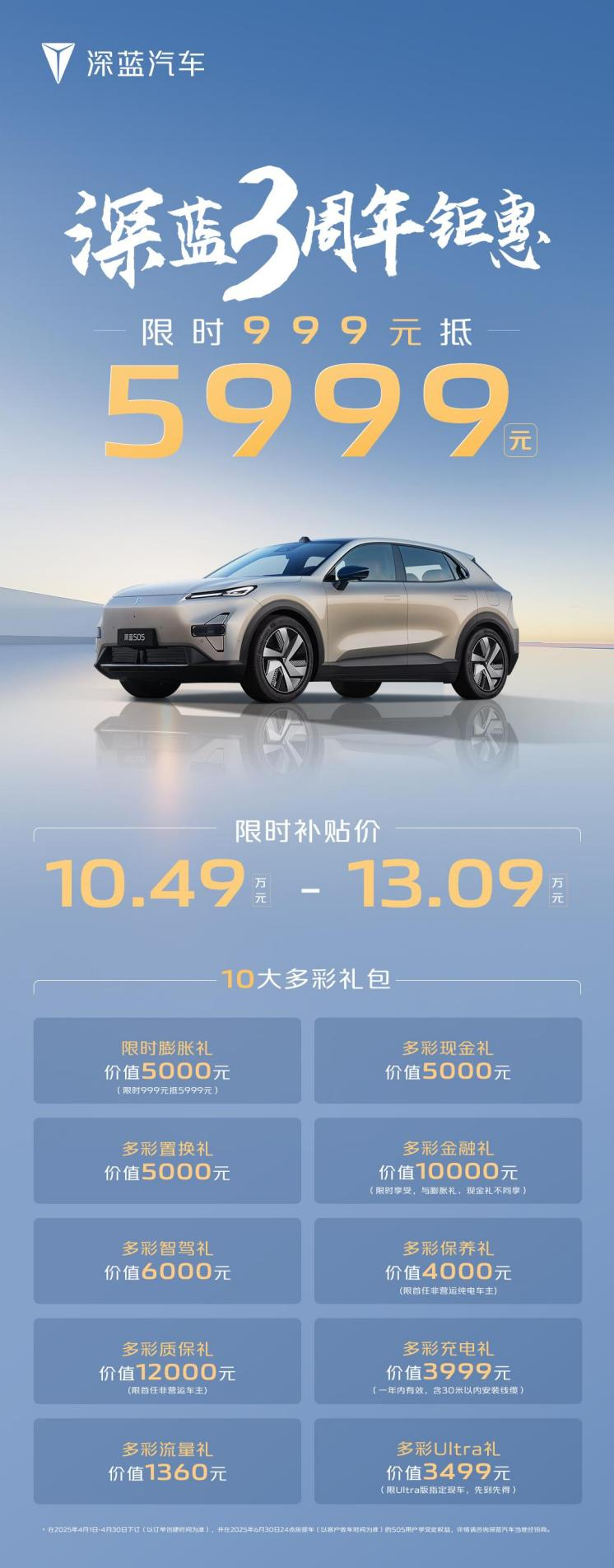 深蓝汽车3周年回馈，深蓝S05限时10.49万元起！抢999元抵5999元