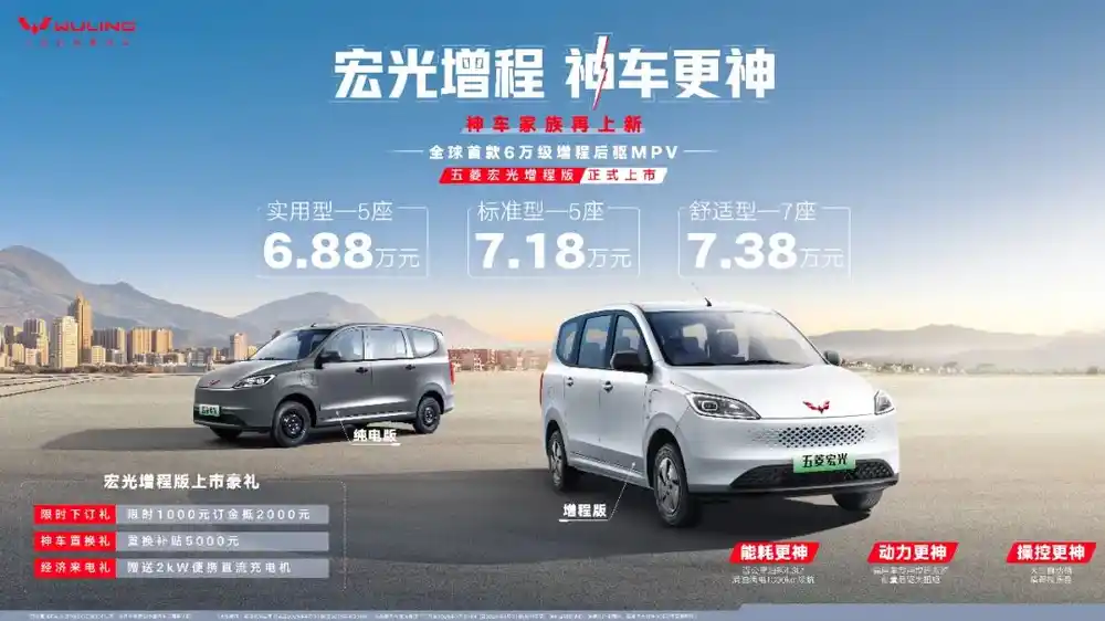 五菱宏光增程版来了，6.88万起，5/7座可选，综合续航1000km