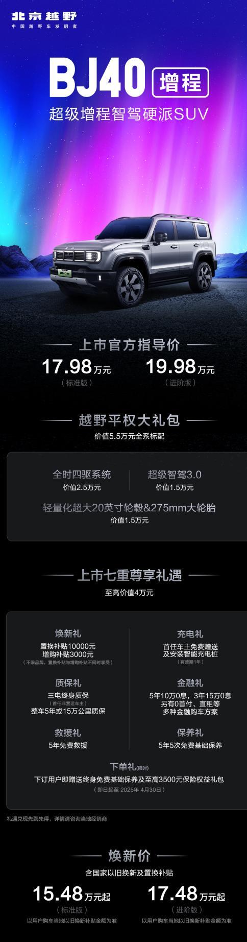 15.48万元起，北京越野BJ40增程正式上市