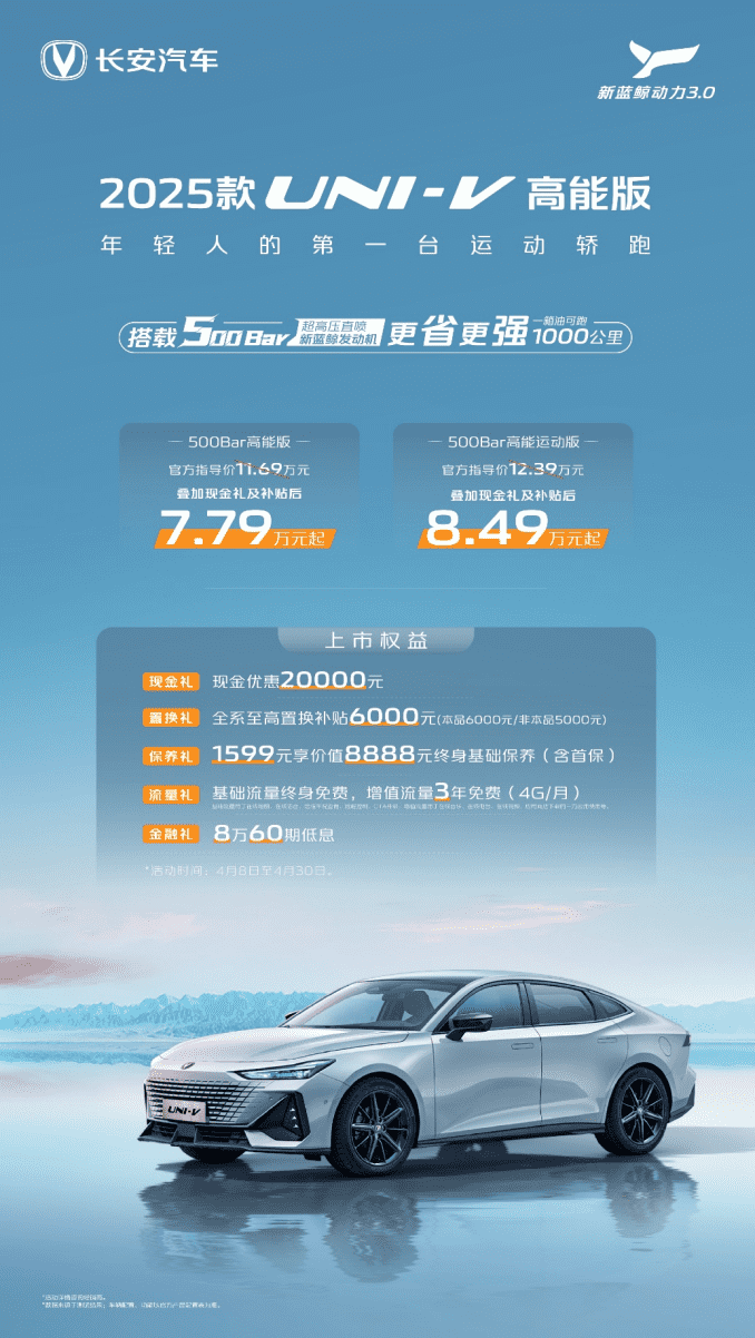 新车|长安UNI-V焕新新蓝鲸500Bar发动机，补贴后7.69万元起!