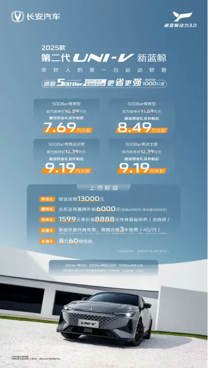 新车|长安新蓝鲸500Bar，更省更强！UNI-V焕新新蓝鲸500Bar发动机，补贴后7.69万元起
