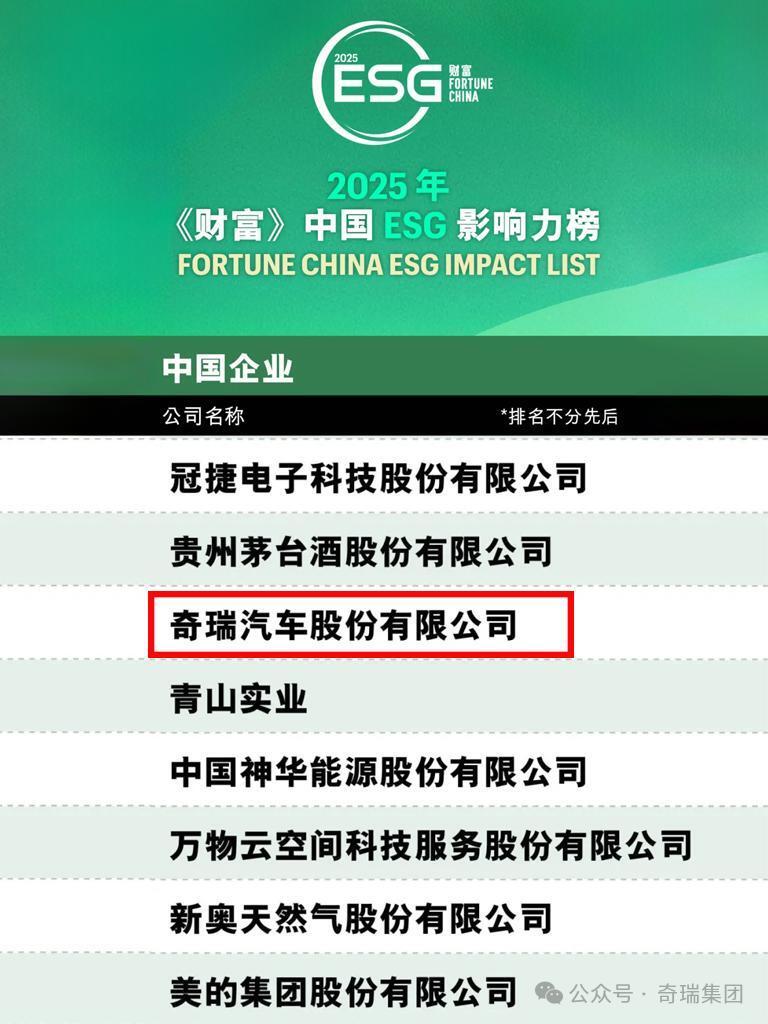 奇瑞汽车入选2025年《财富》中国ESG影响力榜