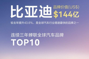 品牌价值144亿美元，比亚迪荣登全球汽车品牌榜第六名！