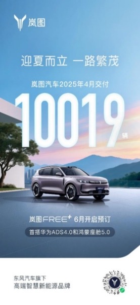 岚图汽车4月交付10019辆 岚图FREE+将于6月开启预售
