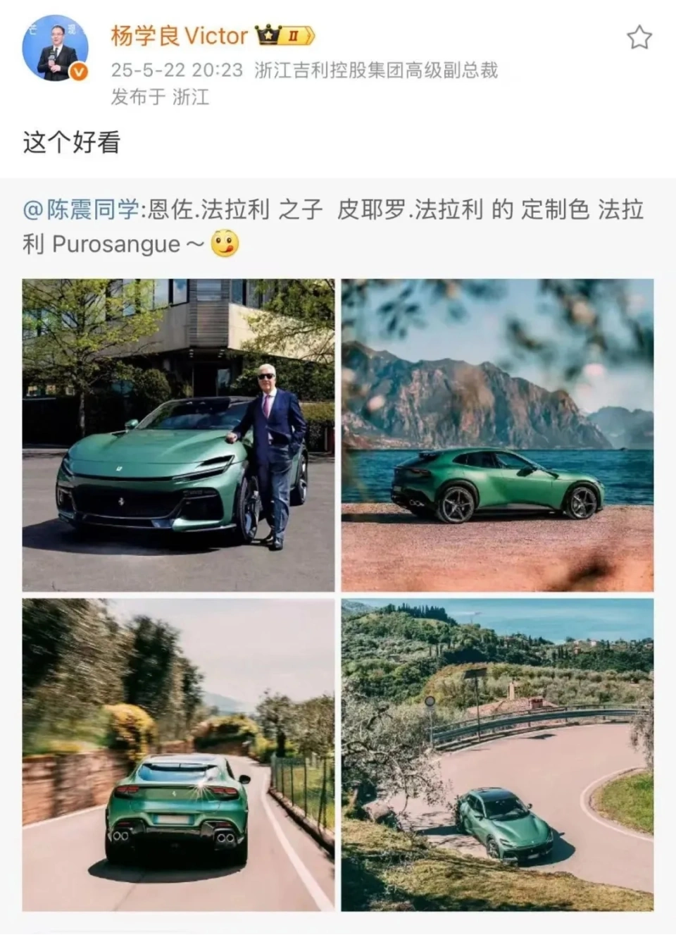 法拉利Purosangue的一张海报引起热议，陈震的提问很有意思