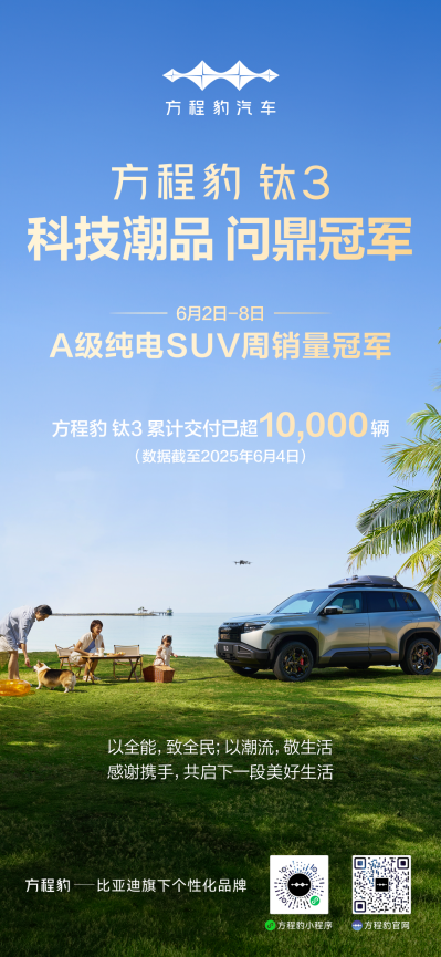 方程豹跻身新势力周榜TOP4，钛3成A级纯电SUV热门爆款