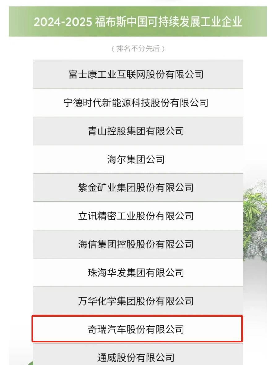 车企唯一！奇瑞入选福布斯中国“可持续发展工业企业”榜单