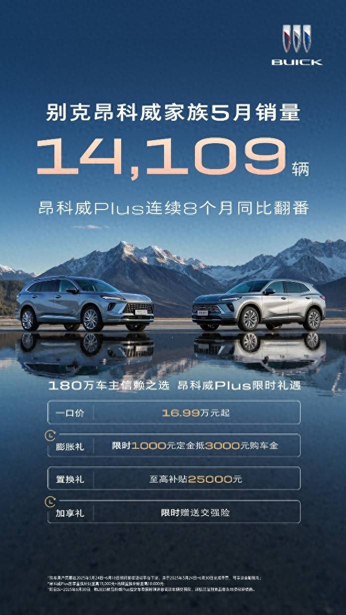 别克昂科威家族5月销量14,109辆，昂科威Plus连续8个月同比翻番
