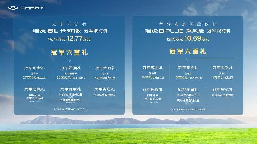 冠军限时价12.77万元/10.69万元！瑞虎8L长虹版&瑞虎8 PLUS乘风版正式上市