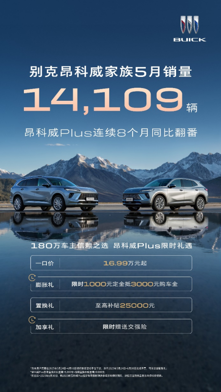 别克昂科威家族5月销量14,109辆 昂科威Plus连续8个月同比翻番