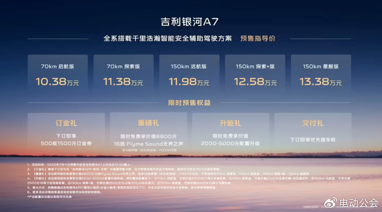 10.38万元起，吉利银河A7开启预售，综合续航超2100km