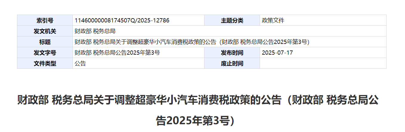 超豪华小汽车消费税方案发生变化，需防止“零公里二手车”钻漏洞