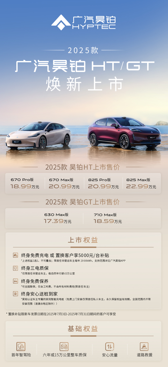 2025款广汽昊铂HT/GT 7月3日正式上市，售价18.99万起及17.39万起