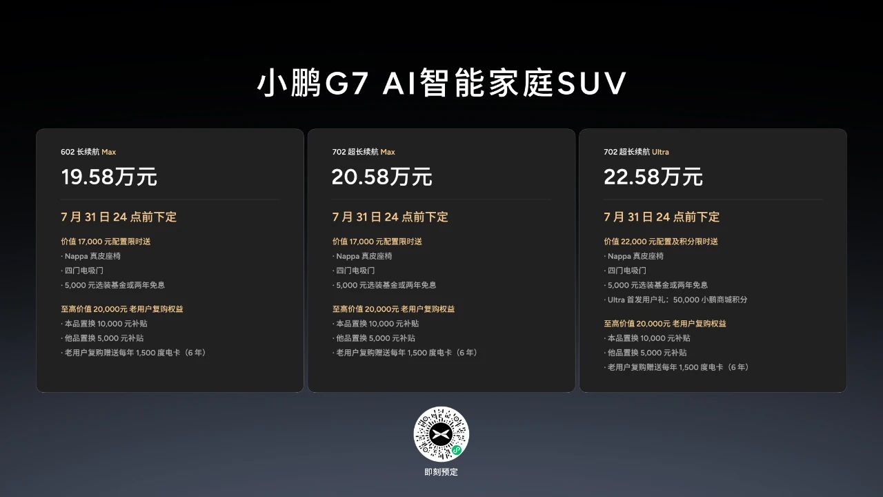 全球首款L3级算力的AI汽车 小鹏G7 19.58万元起售
