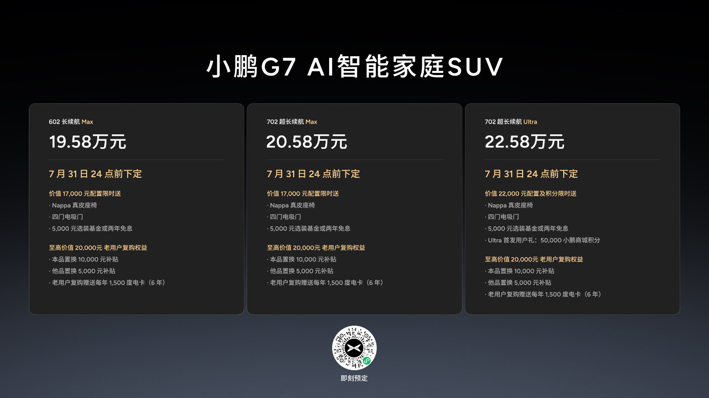 跨时代的AI汽车小鹏G7上市，19.58万起售
