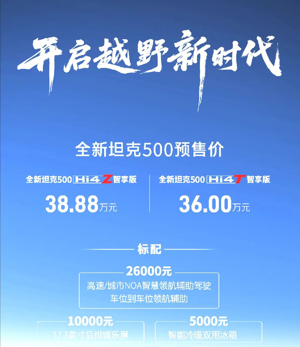 全新坦克500智享版预售36.00万元起，智能+豪华+越野赋能