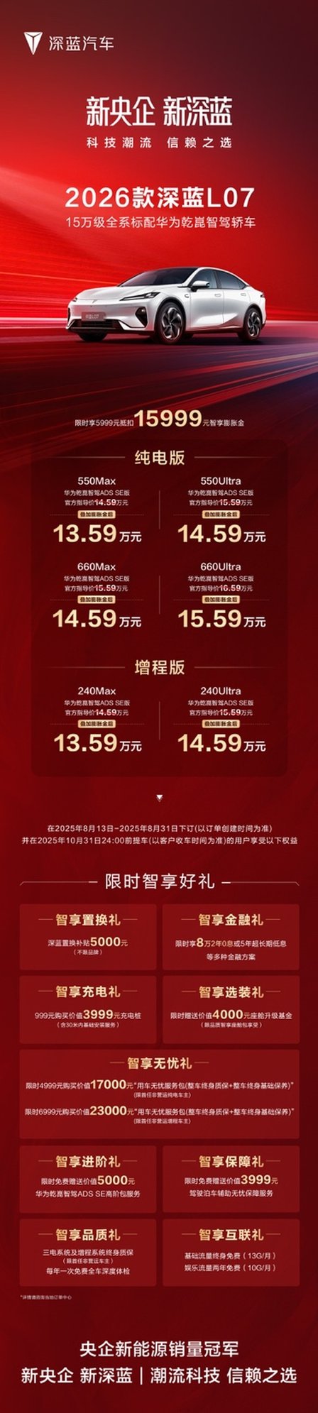 2026款 深蓝L07上市，全系标配华为乾崑智驾，13.59万元起！