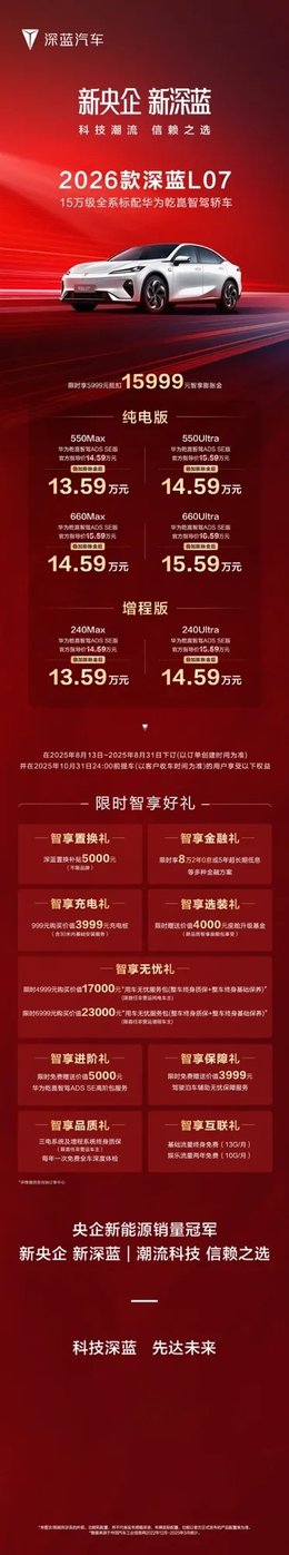 15万级唯一全系标配华为乾崑智驾轿车 2026款深蓝L07售13.59万起