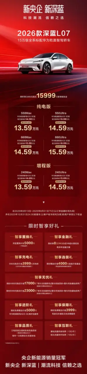 2026款深蓝L07 15万级唯一全系标配华为乾崑智驾轿车