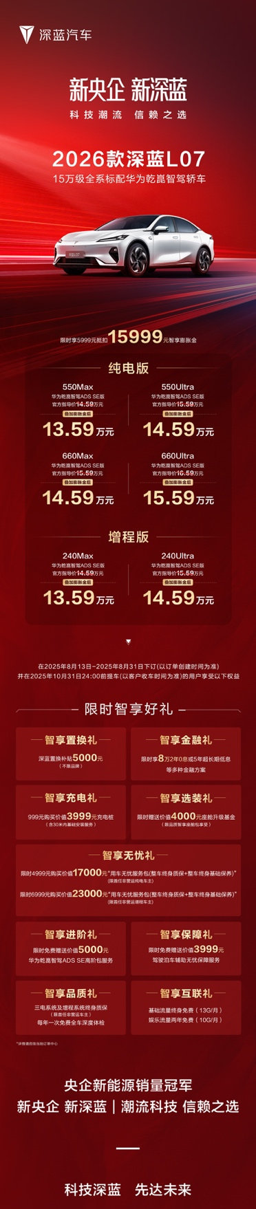 2026款深蓝L07上市，13.59万起，全系标配华为乾崑智驾