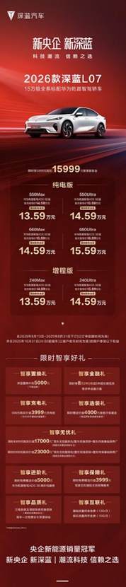 2026款 深蓝L07上市，全系标配华为乾崑智驾，13.59万元起！