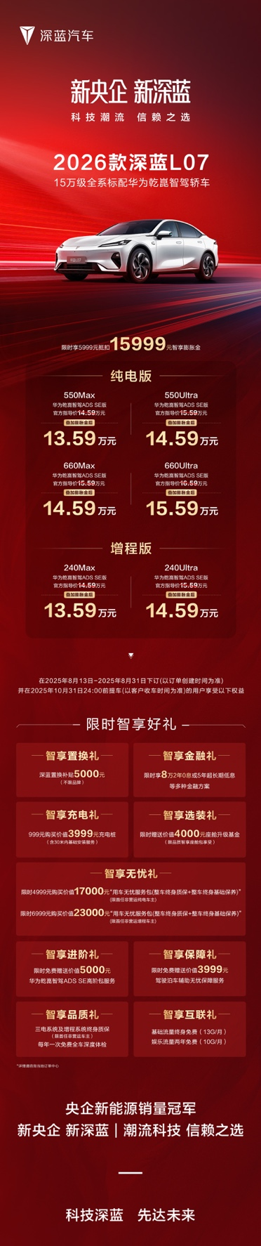 2026款 深蓝L07上市，全系标配华为乾崑智驾，13.59万元起！