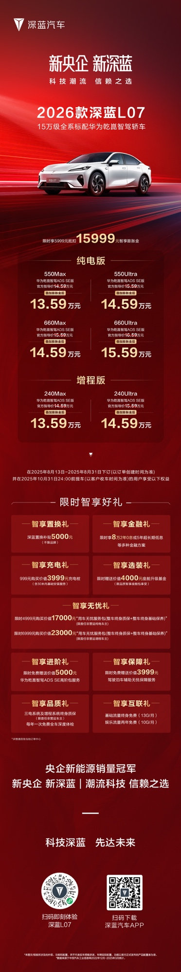 2026款深蓝L07上市，全系标配华为乾崑智驾，13.59万元起！