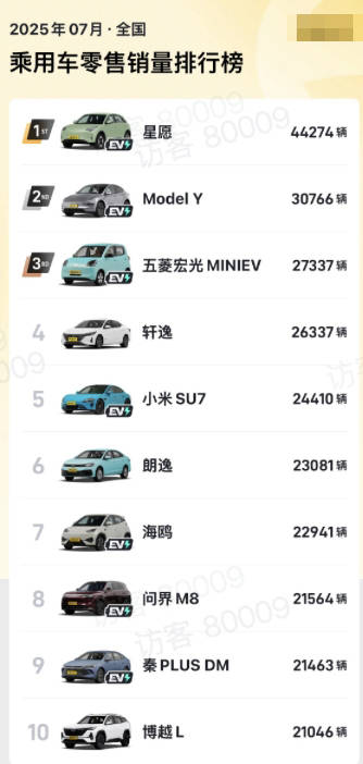 解读7月全国乘用车销量排行榜：特斯拉下滑明显，小米SU7成绩亮眼