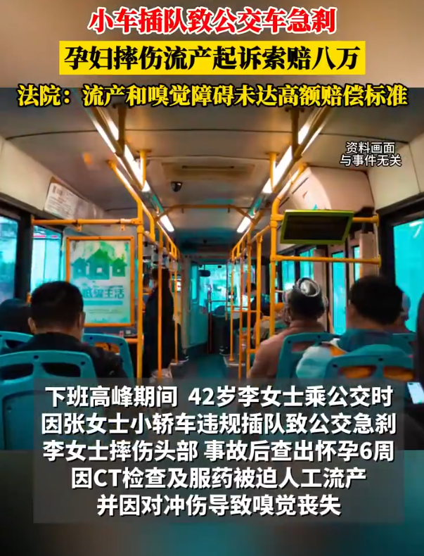 公交车因小车插队而急刹导致乘客流产并丧失嗅觉，索赔8万合理吗？