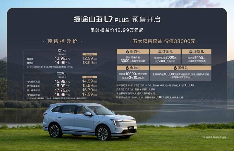 32变电动七座、CDC电磁悬挂 山海L7 PLUS预售限时权益价12.99万起